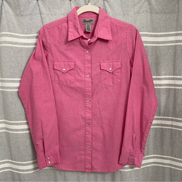 WRANGLER / Ladies Pink Pearl Snap Long Sleeve Western Shirt Size M - Picture 1 of 7